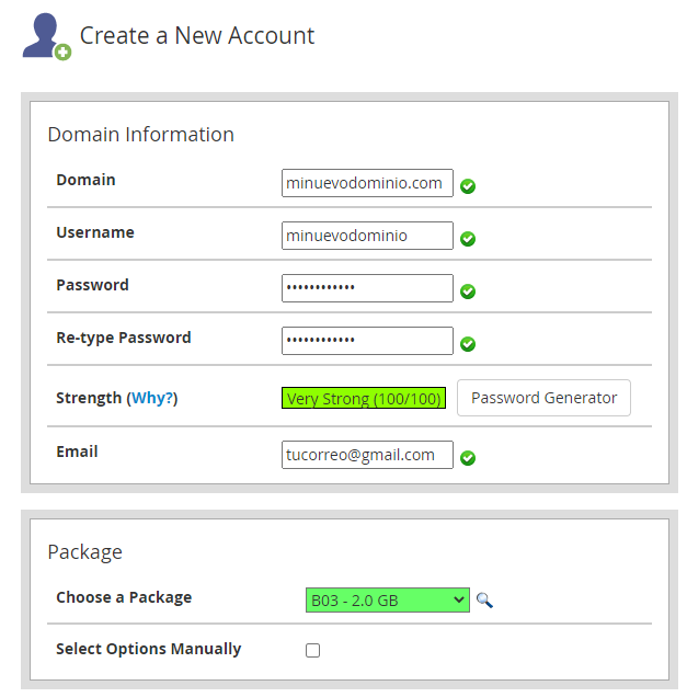 Formulario de creación de cuenta cPanel